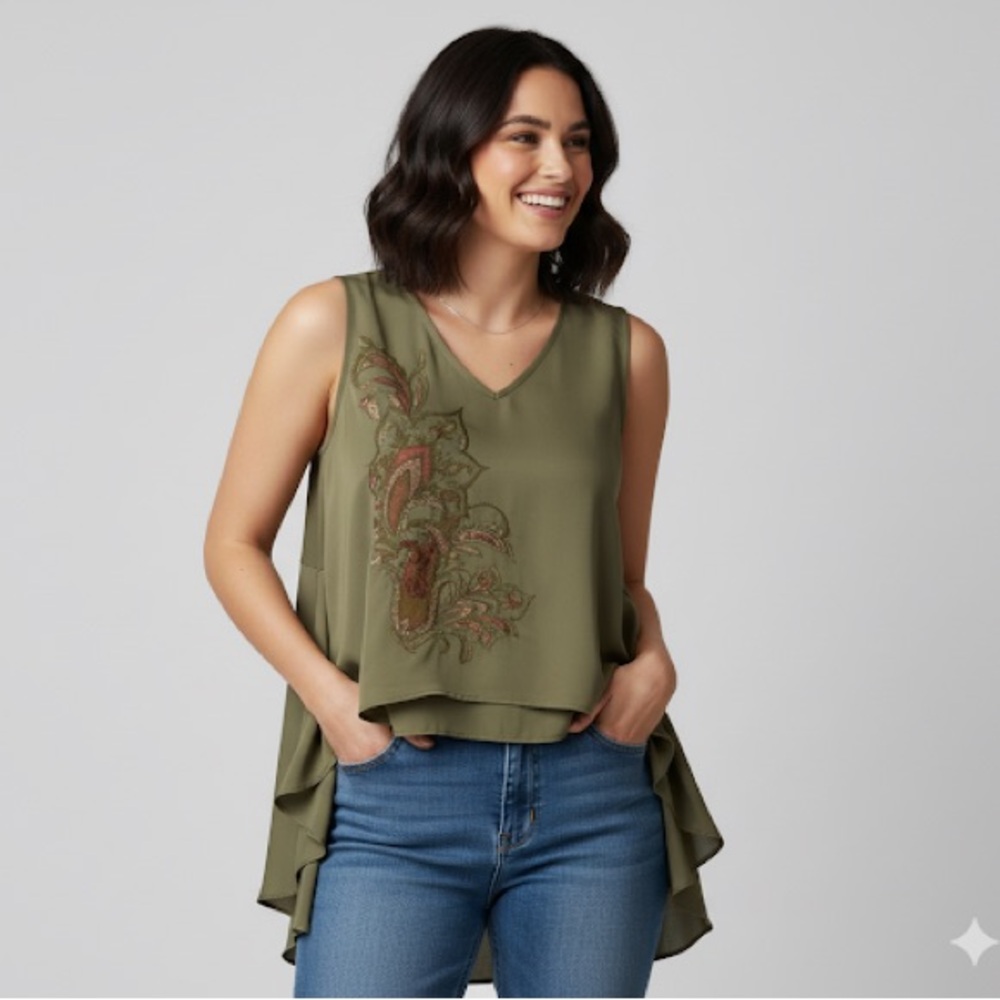 DG2 By Diane Gilman Printed Floral Sage Green Sleeveless Tunic Tank Women's M